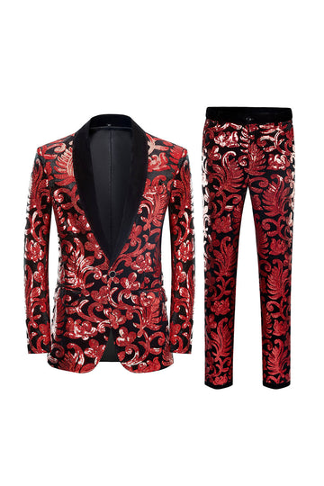 Paillettes rouges Motif floral Hommes 2 pièces Costumes